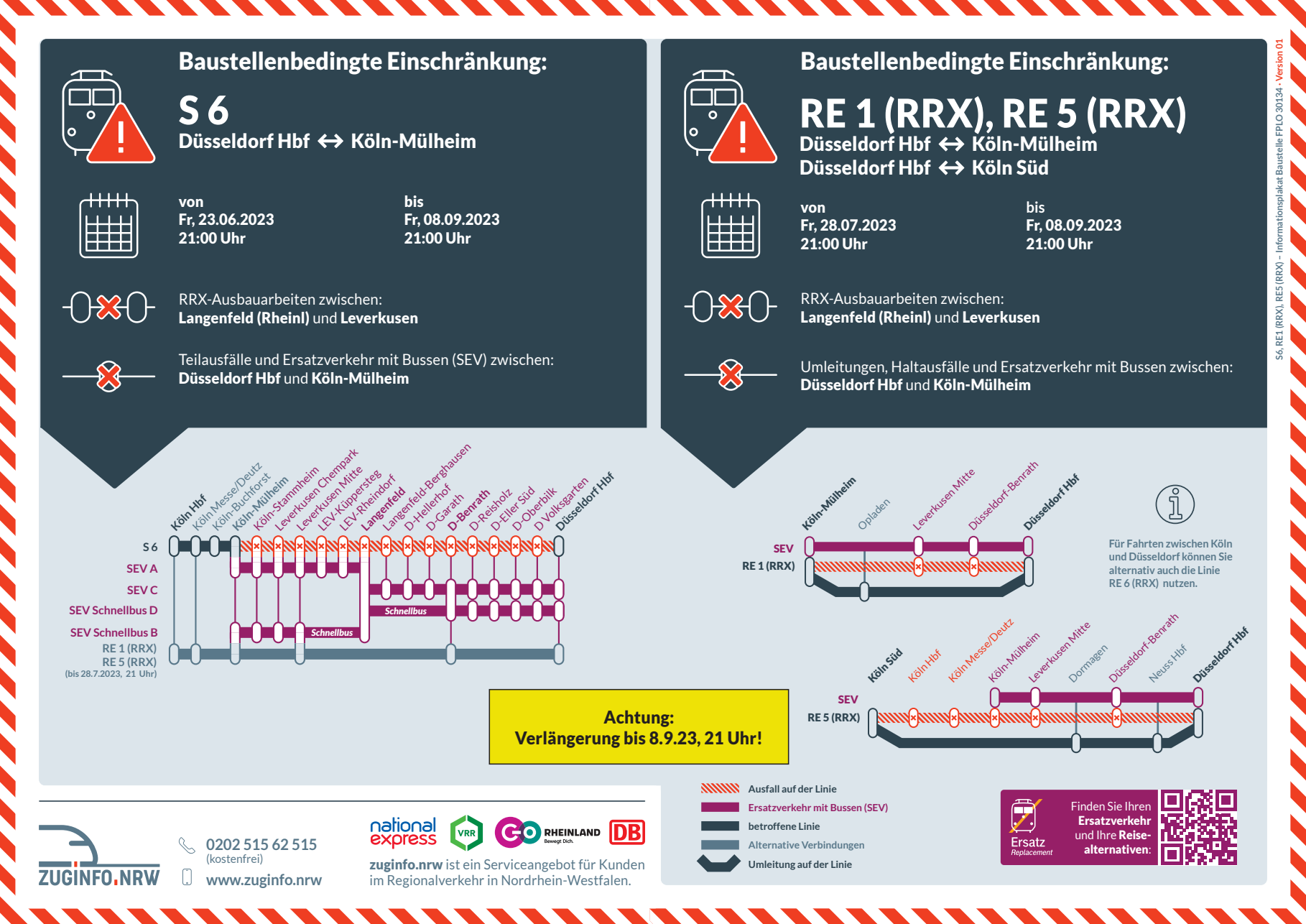 Baustellenplakat RE1 und RE5 und S6 für August 2023 // Quelle: zuginfo.nrw